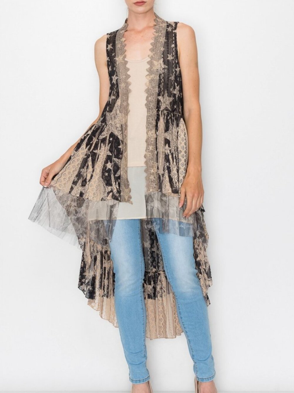 new ORIGAMI TEXAS STAR lace cardigan vest USA SM-4XL WESTERN bohemian cowgirl
